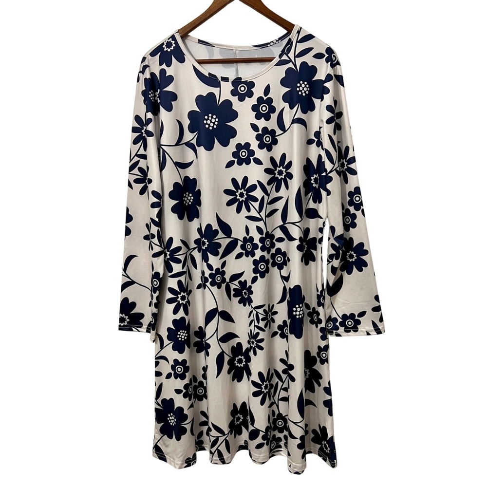 Womens Navy Blue White Floral Long Sleeve Shift Dress‎ XXL Retro Mod Tunic